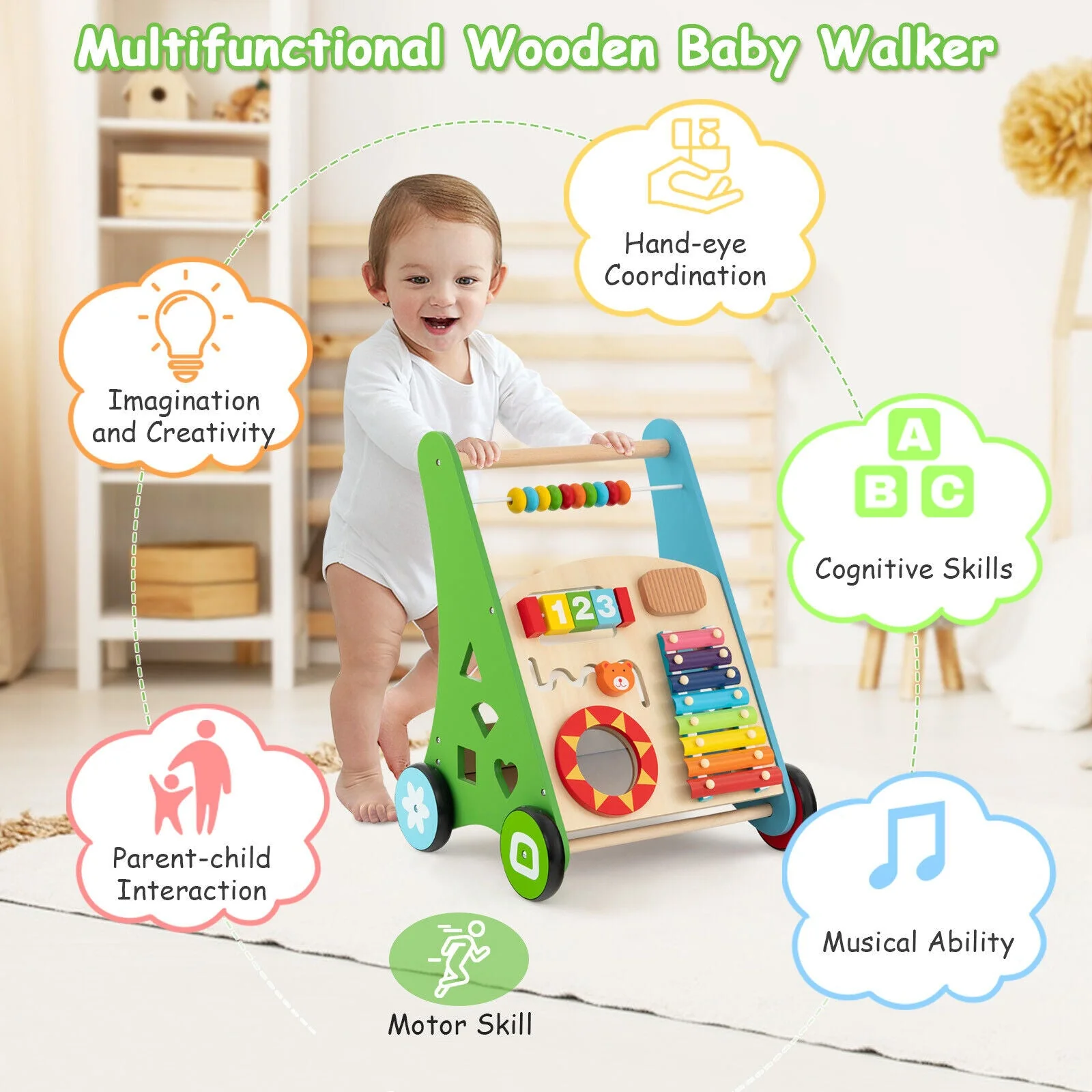 Toddler Push Walker Activity Center Toy with Burr-free Handle - Image 5