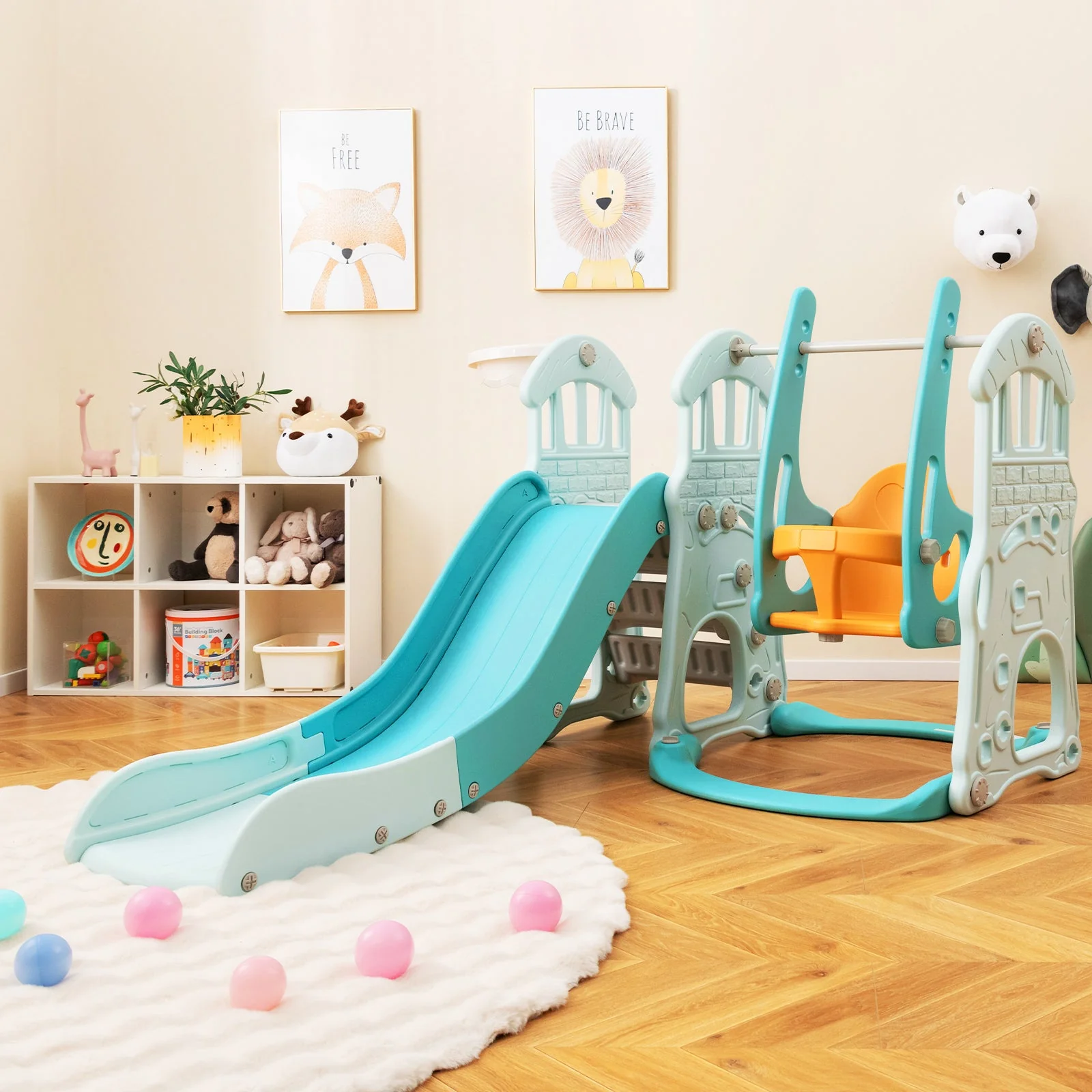 Toddler Slide and Swing Set  with Extra-long Slide Height Adjustable Swing Basketball Hoop and Climber - Image 2