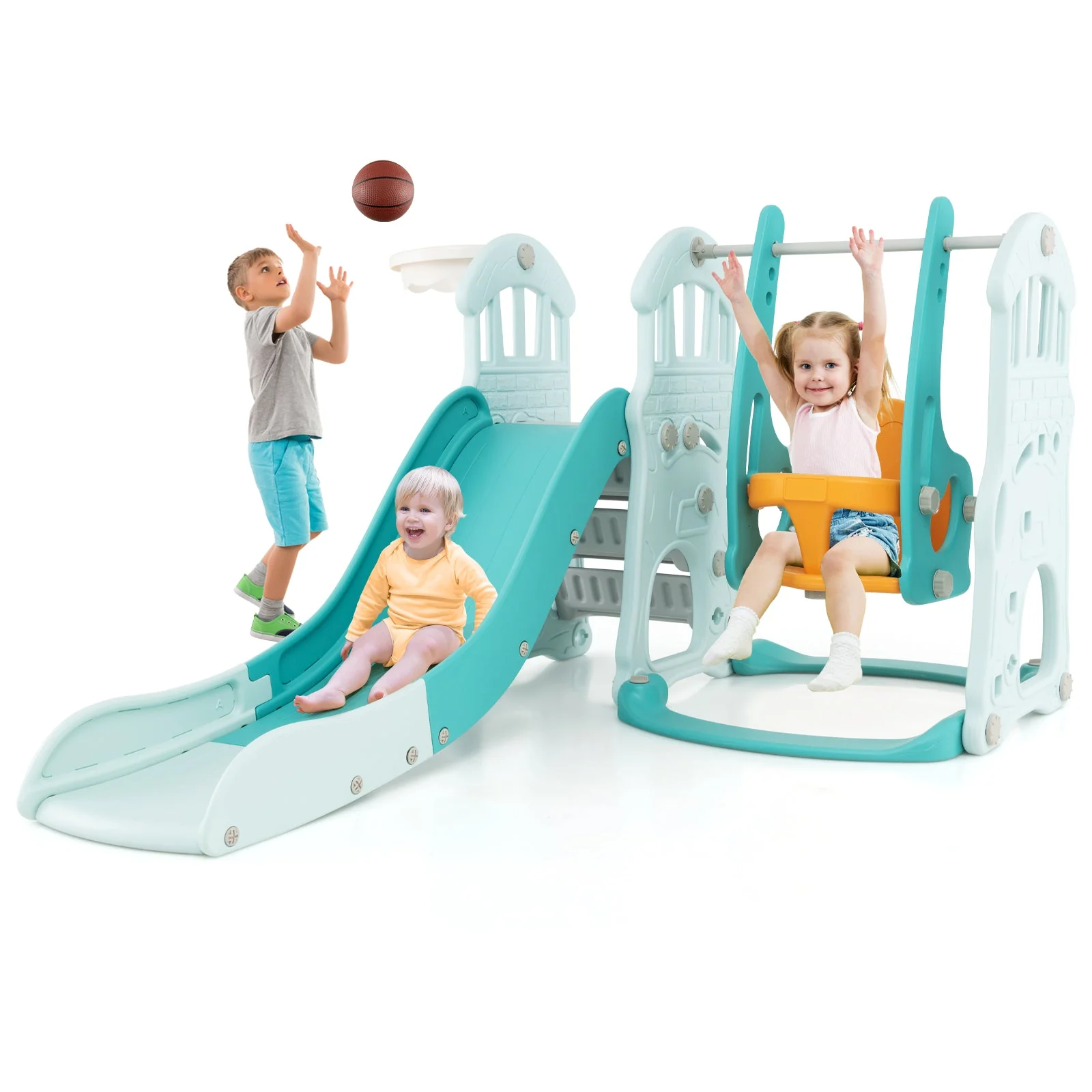 Toddler Slide and Swing Set  with Extra-long Slide Height Adjustable Swing Basketball Hoop and Climber - Image 4