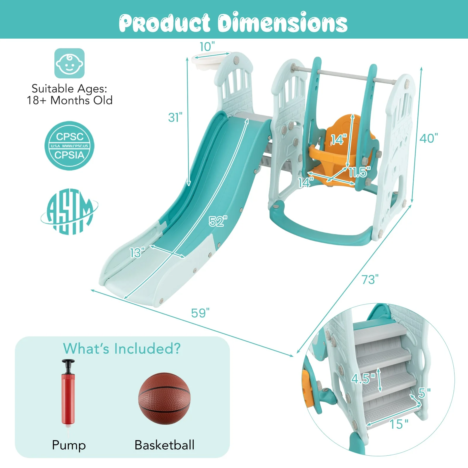Toddler Slide and Swing Set  with Extra-long Slide Height Adjustable Swing Basketball Hoop and Climber - Image 5