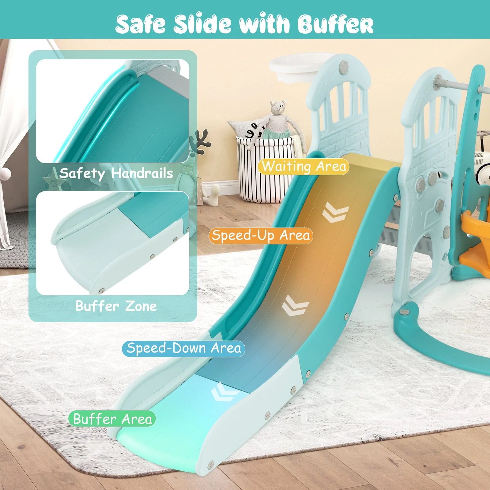 Toddler Slide and Swing Set  with Extra-long Slide Height Adjustable Swing Basketball Hoop and Climber - Image 6