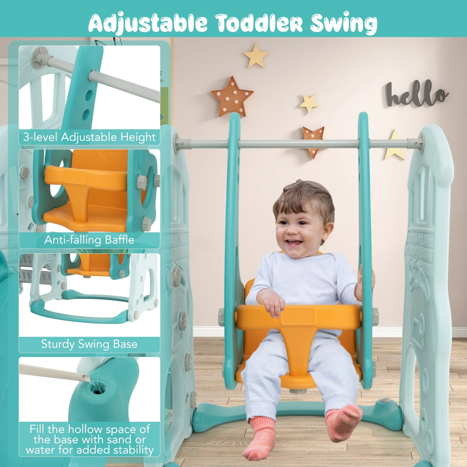 Toddler Slide and Swing Set  with Extra-long Slide Height Adjustable Swing Basketball Hoop and Climber - Image 7