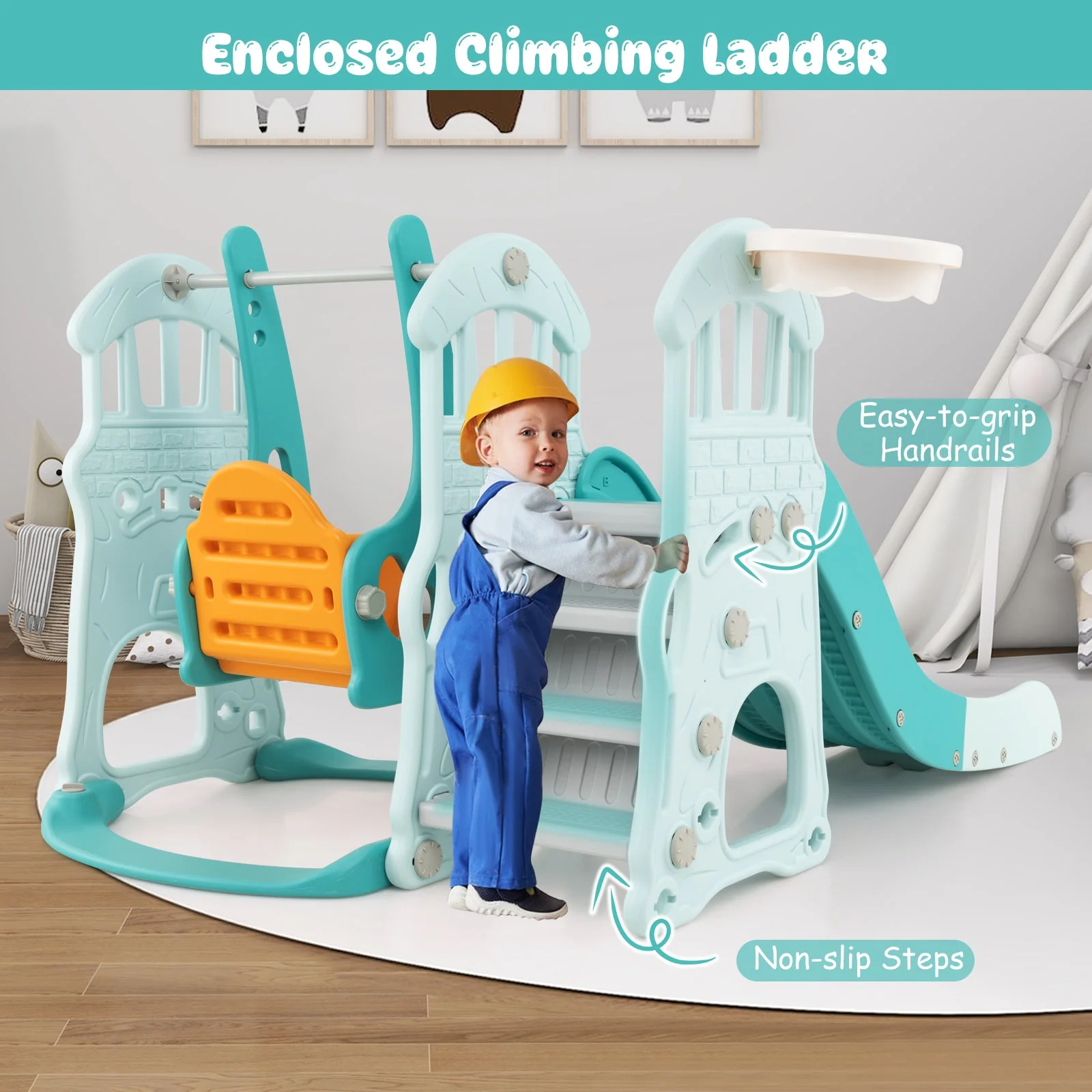 Toddler Slide and Swing Set  with Extra-long Slide Height Adjustable Swing Basketball Hoop and Climber - Image 8