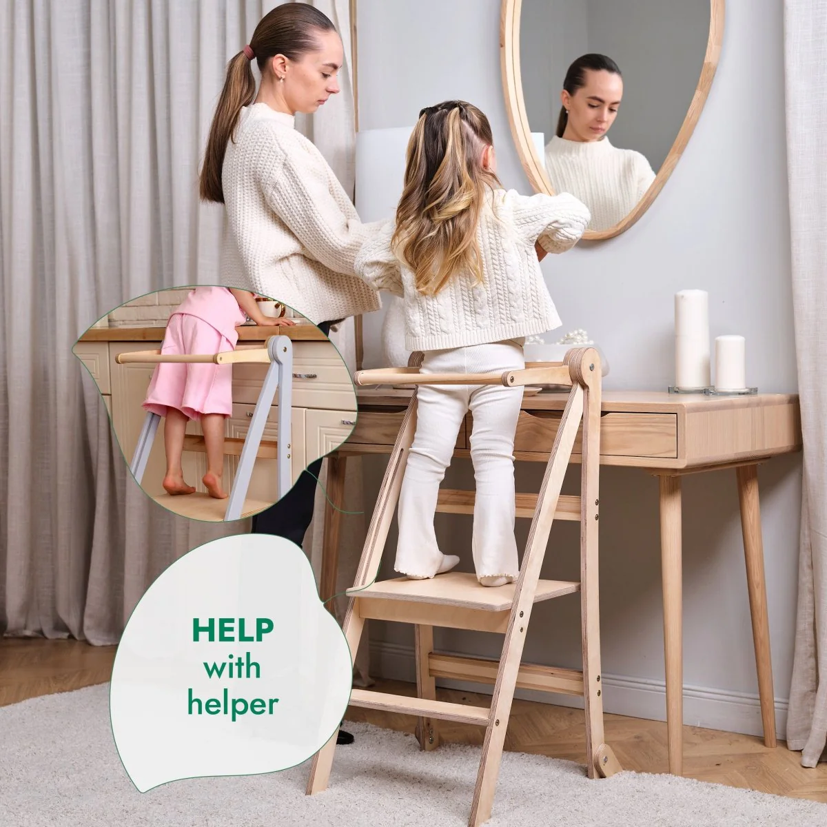 Toddler Tower: Foldable Step Stool for Toddlers - Beige - Image 9