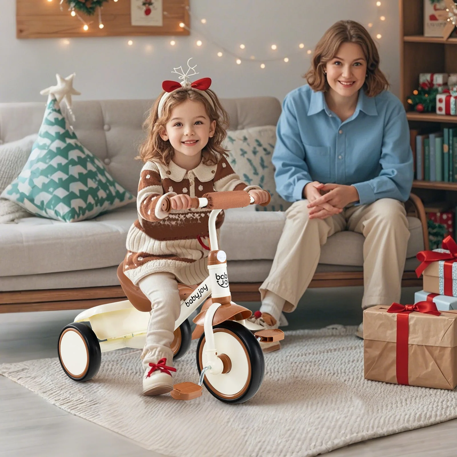 Toddler Tricycle Kids Trike with Adjustable Seat and Basket Aged 3-5 Years Old-Beige - Image 2