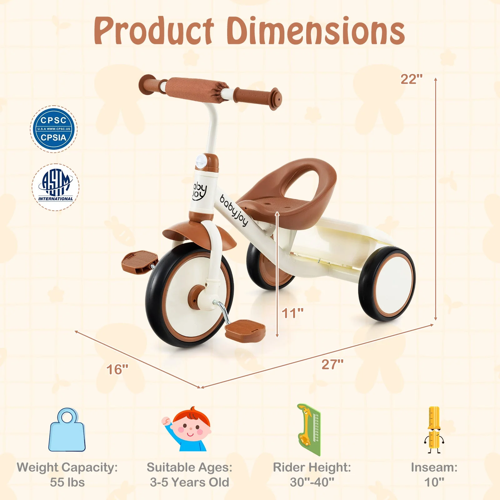 Toddler Tricycle Kids Trike with Adjustable Seat and Basket Aged 3-5 Years Old-Beige - Image 4