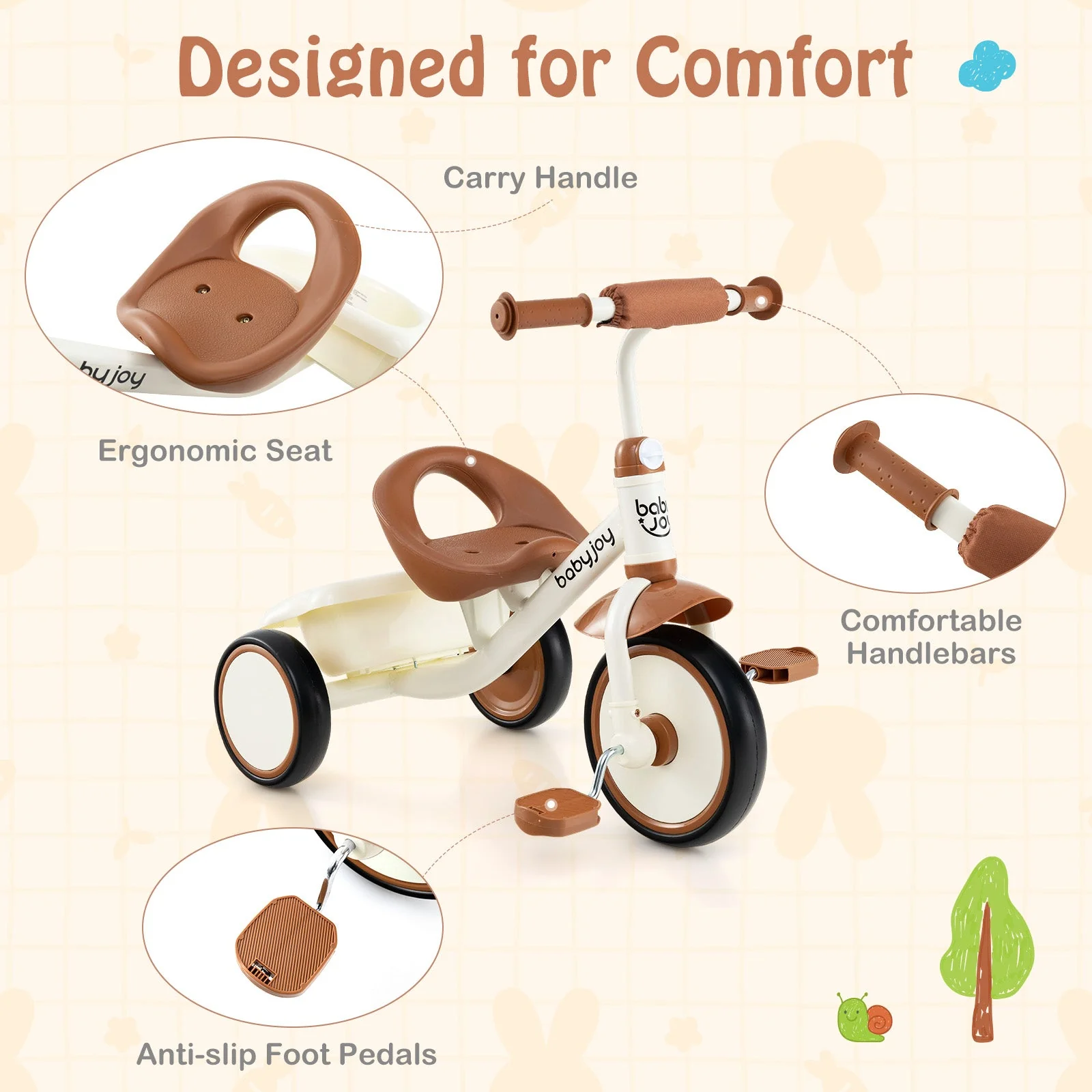 Toddler Tricycle Kids Trike with Adjustable Seat and Basket Aged 3-5 Years Old-Beige - Image 5