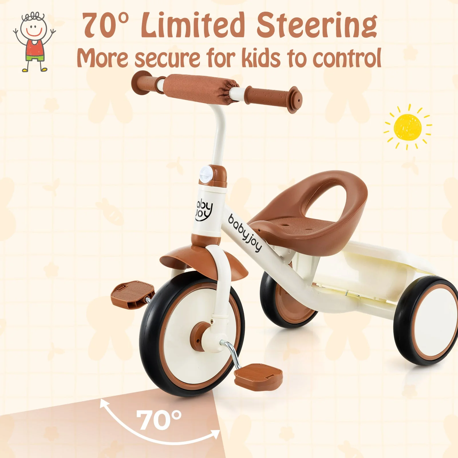 Toddler Tricycle Kids Trike with Adjustable Seat and Basket Aged 3-5 Years Old-Beige - Image 6