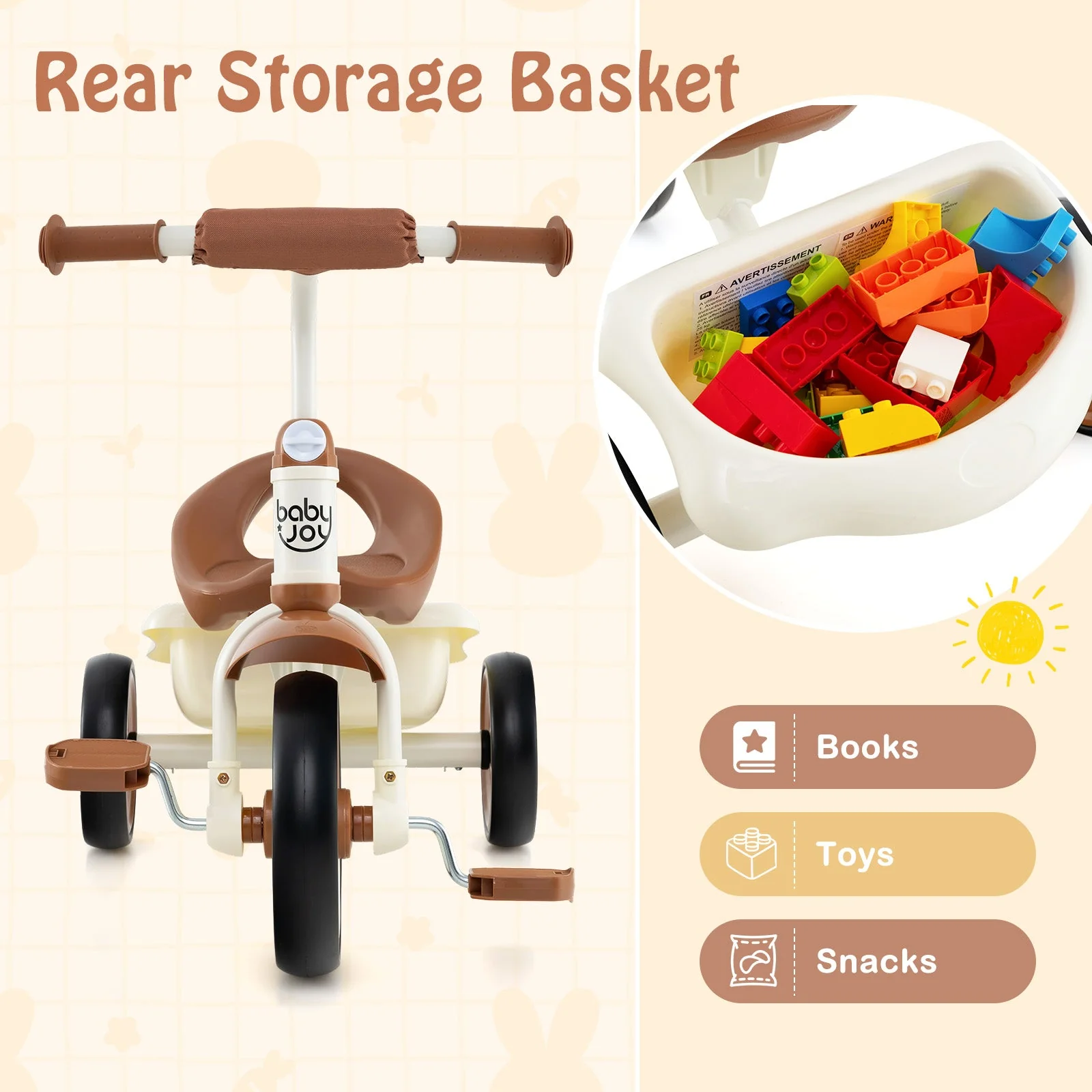 Toddler Tricycle Kids Trike with Adjustable Seat and Basket Aged 3-5 Years Old-Beige - Image 8