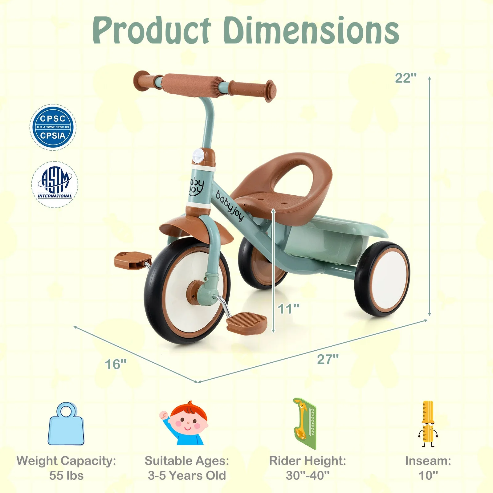 Toddler Tricycle Kids Trike with Adjustable Seat and Basket Aged 3-5 Years Old-Green - Image 4