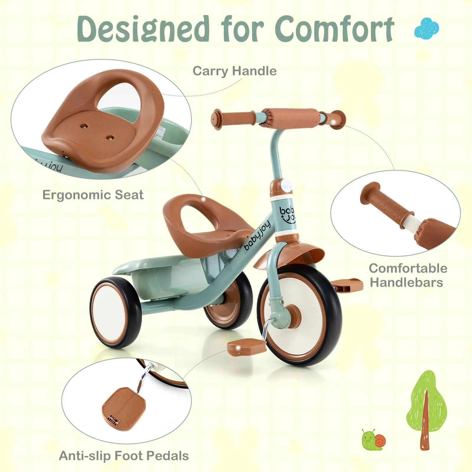 Toddler Tricycle Kids Trike with Adjustable Seat and Basket Aged 3-5 Years Old-Green - Image 5