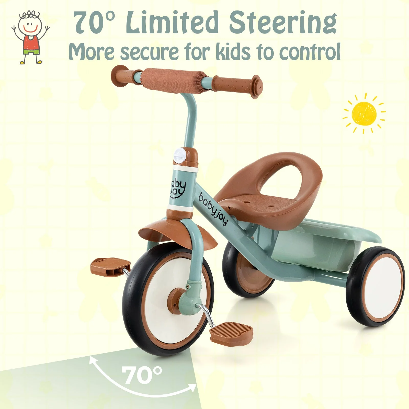 Toddler Tricycle Kids Trike with Adjustable Seat and Basket Aged 3-5 Years Old-Green - Image 7
