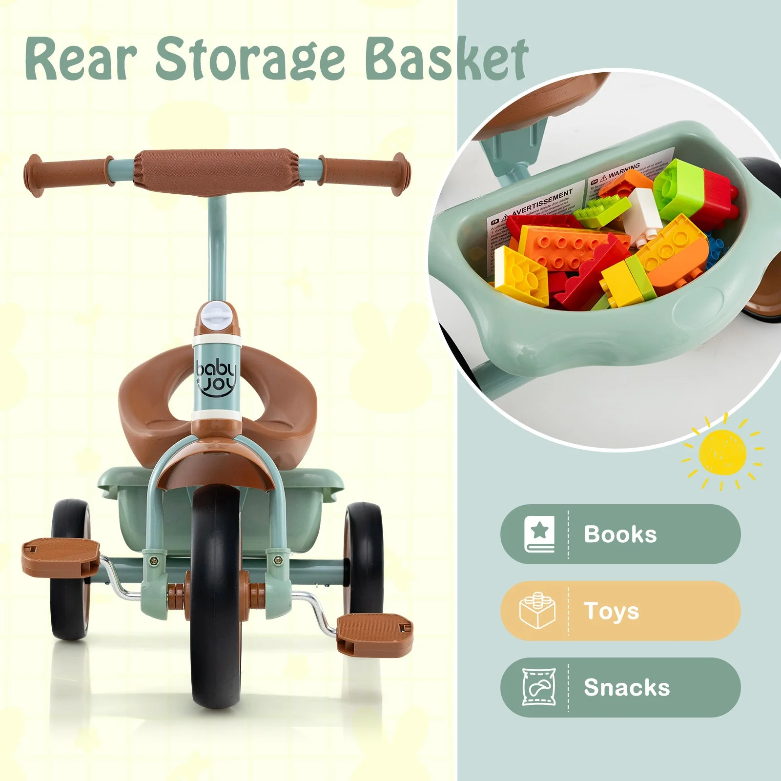 Toddler Tricycle Kids Trike with Adjustable Seat and Basket Aged 3-5 Years Old-Green - Image 8