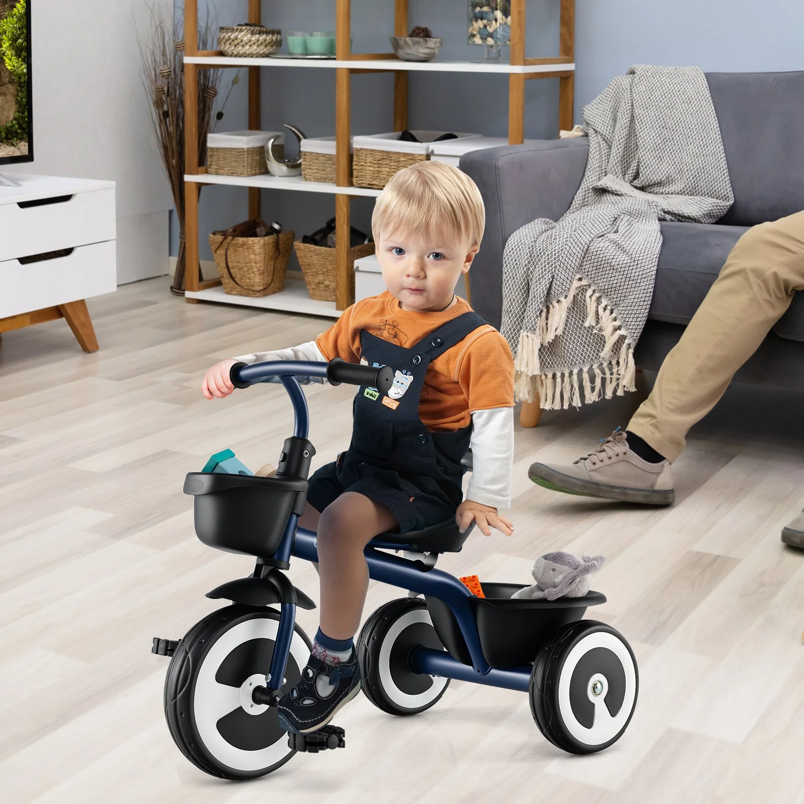 Toddler Tricycle with Adjustable Seat and Storage Baskets for 1.5-5 Years Old-Navy - Image 2