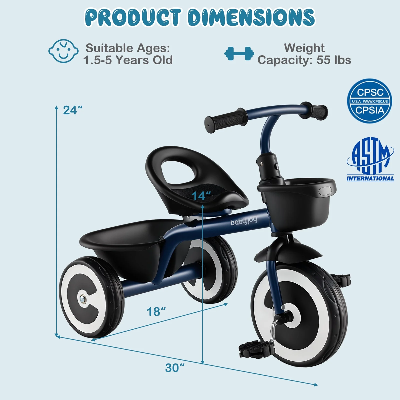 Toddler Tricycle with Adjustable Seat and Storage Baskets for 1.5-5 Years Old-Navy - Image 4