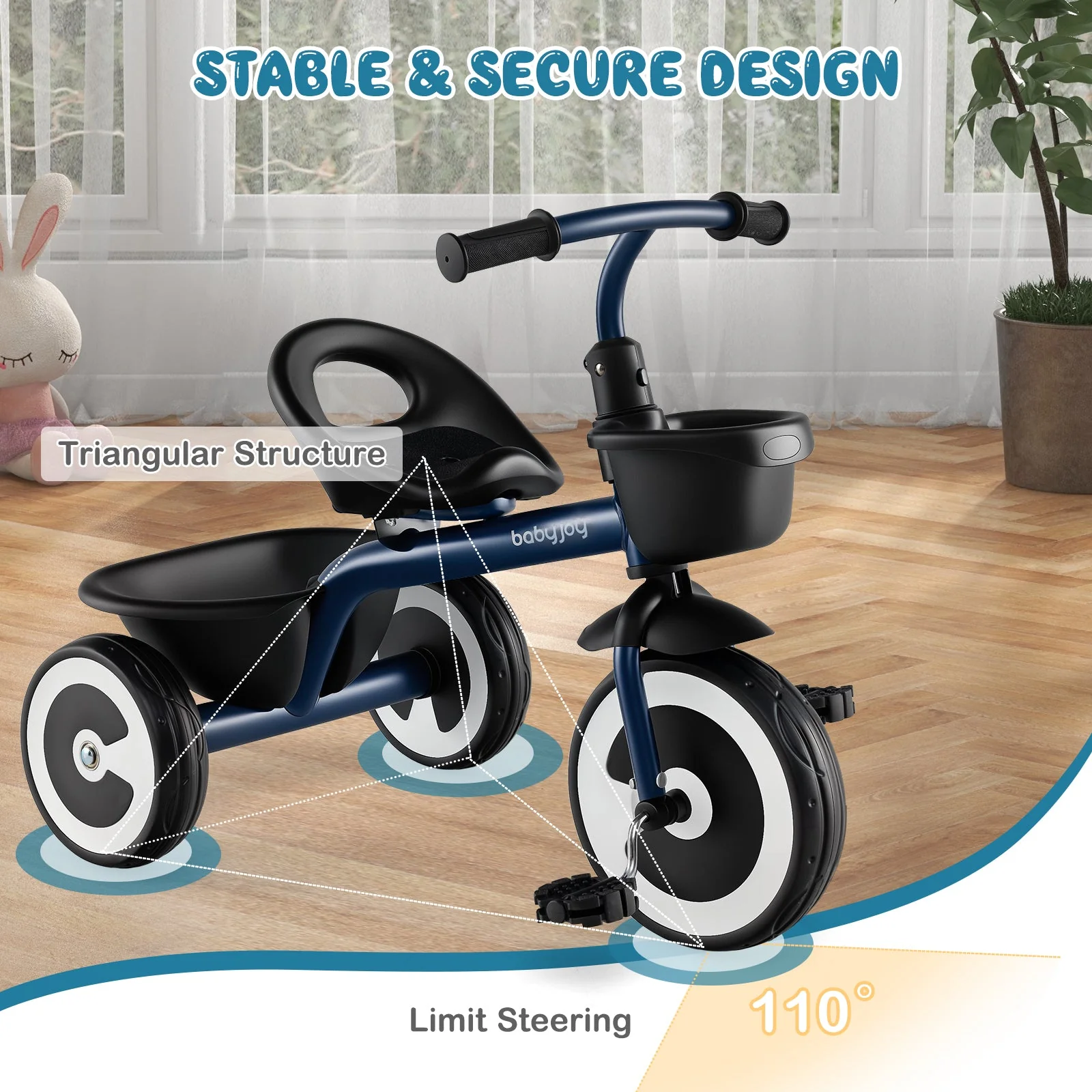 Toddler Tricycle with Adjustable Seat and Storage Baskets for 1.5-5 Years Old-Navy - Image 6