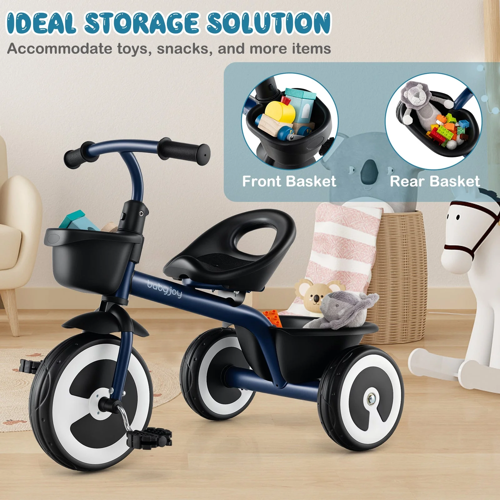 Toddler Tricycle with Adjustable Seat and Storage Baskets for 1.5-5 Years Old-Navy - Image 8