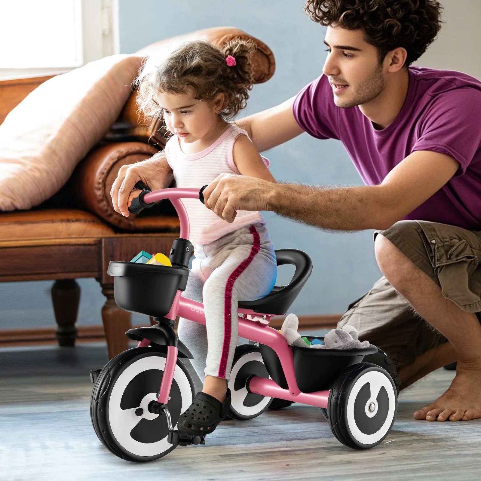 Toddler Tricycle with Adjustable Seat and Storage Baskets for 1.5-5 Years Old-Pink - Image 2