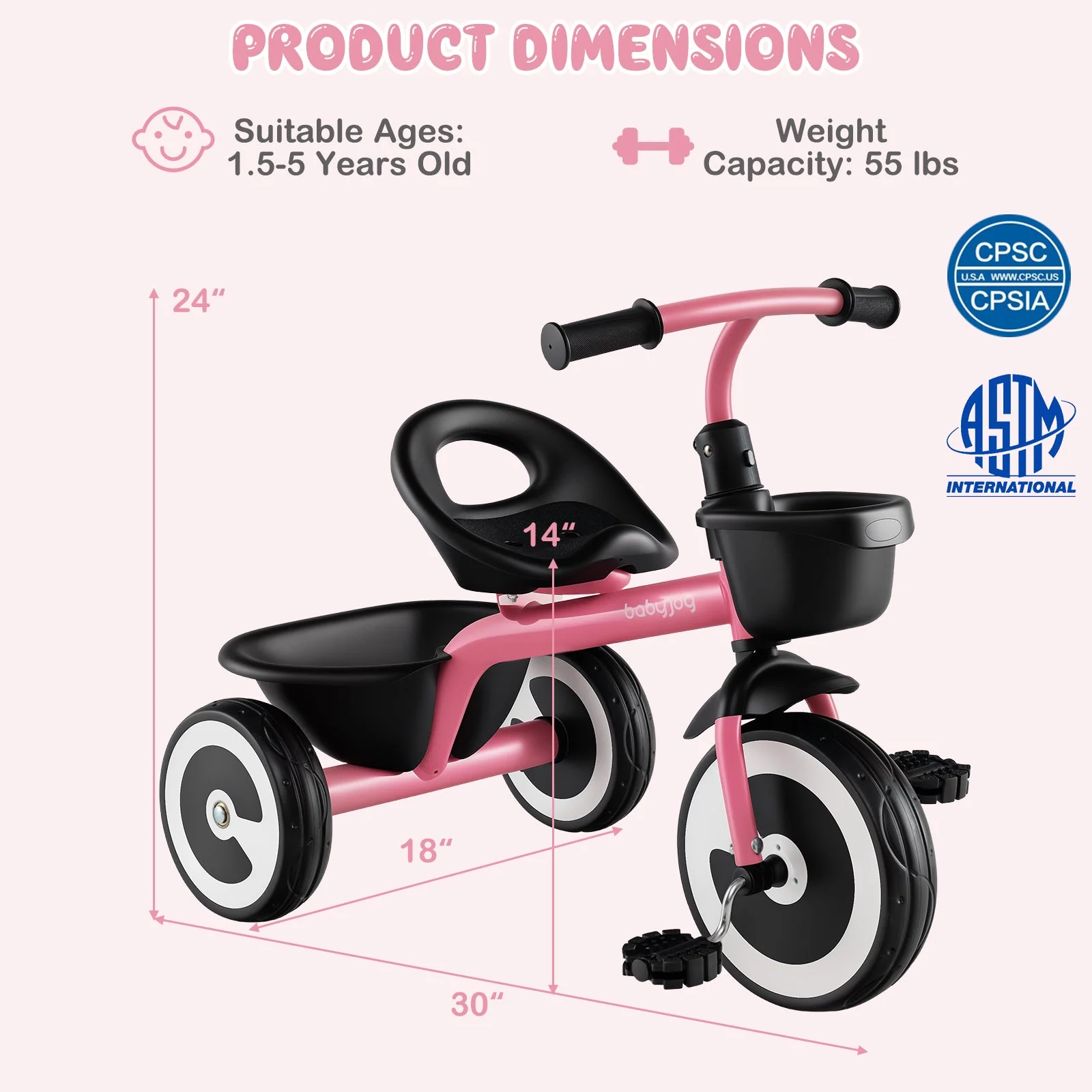 Toddler Tricycle with Adjustable Seat and Storage Baskets for 1.5-5 Years Old-Pink - Image 4