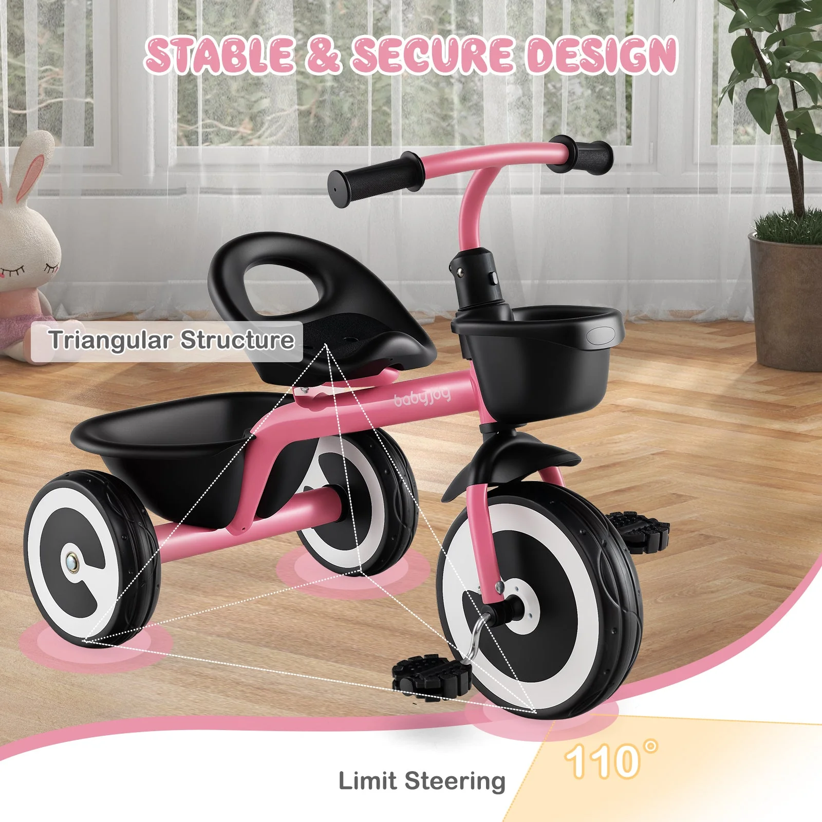 Toddler Tricycle with Adjustable Seat and Storage Baskets for 1.5-5 Years Old-Pink - Image 6