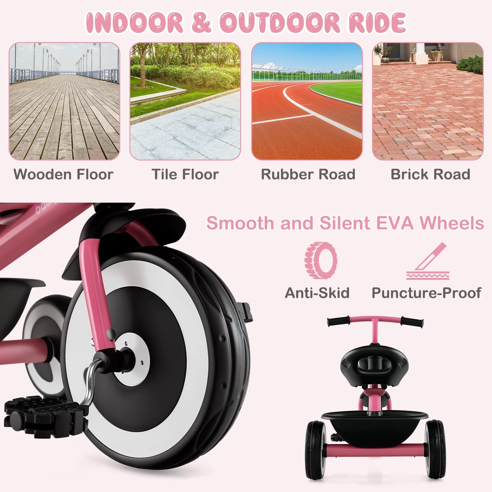 Toddler Tricycle with Adjustable Seat and Storage Baskets for 1.5-5 Years Old-Pink - Image 7
