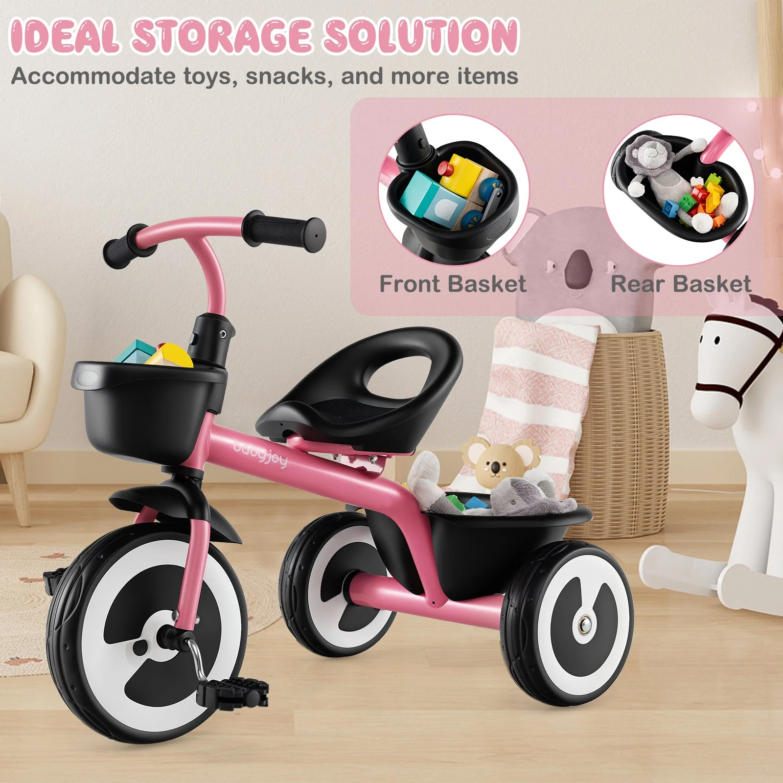 Toddler Tricycle with Adjustable Seat and Storage Baskets for 1.5-5 Years Old-Pink - Image 8