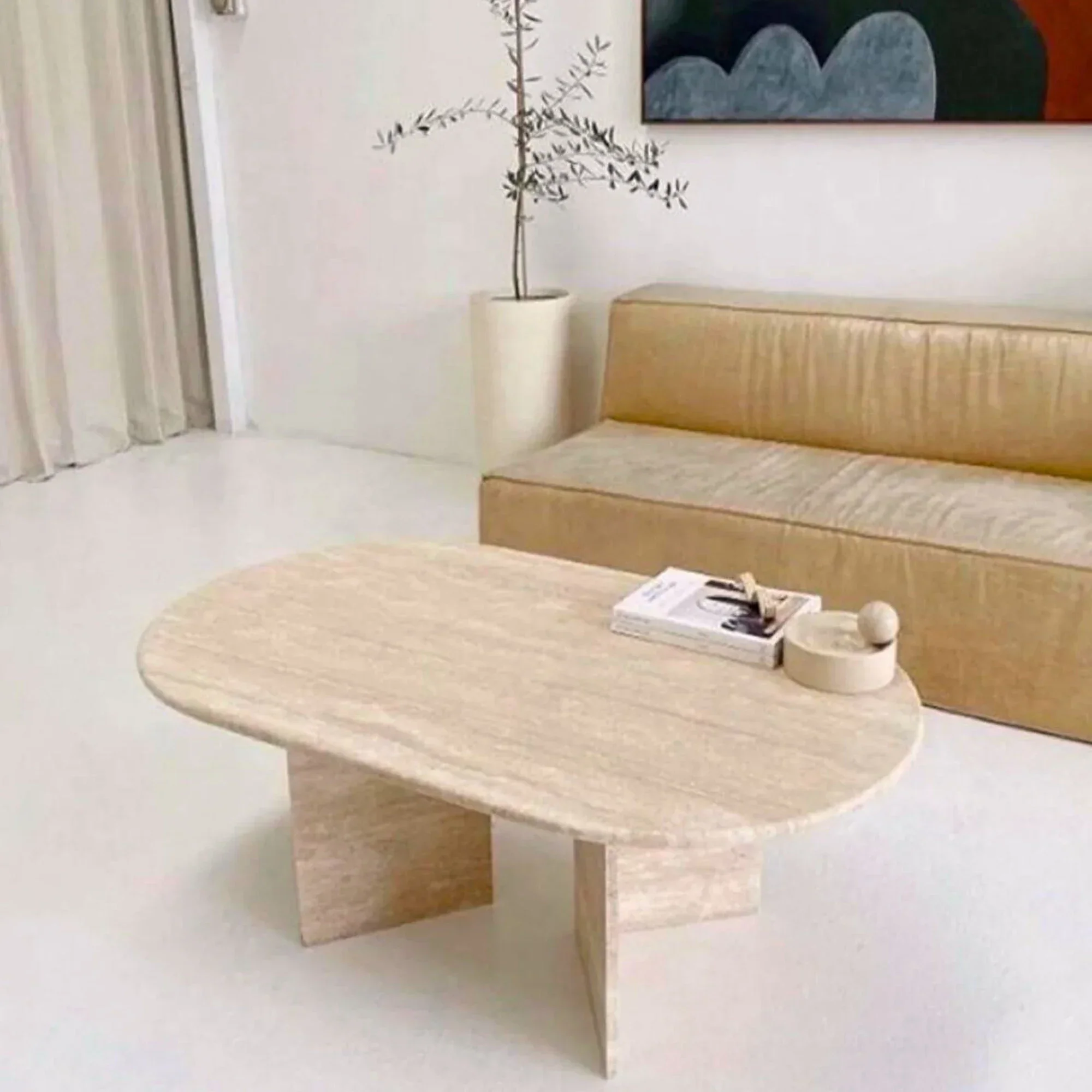 Troia Light Travertine Oval Shape Coffee Table Filled and Polished (W)24" (L)48" (H)16" - Image 3