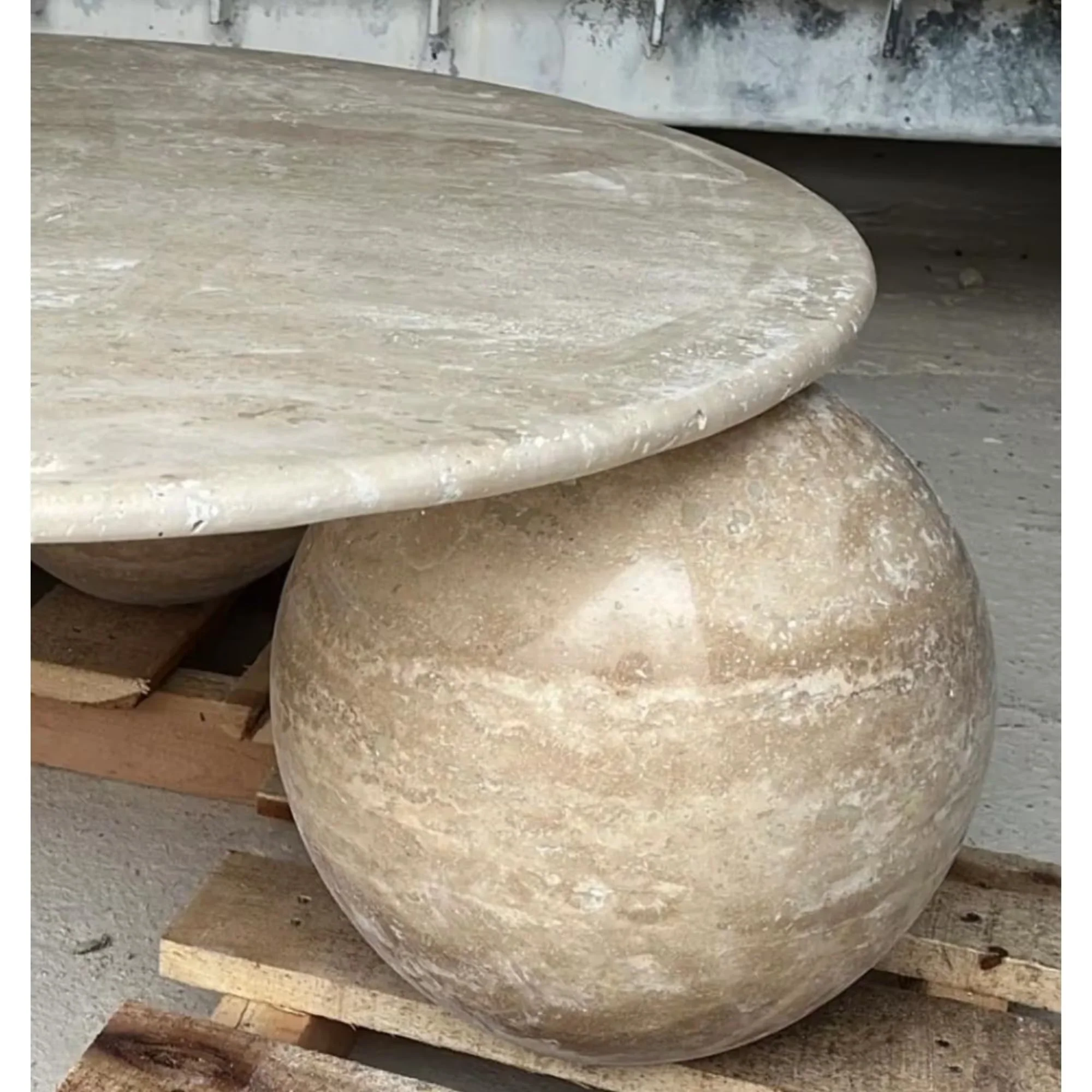 Troia Light Travertine Round Designer Coffee Table with Sphere Legs - Image 2