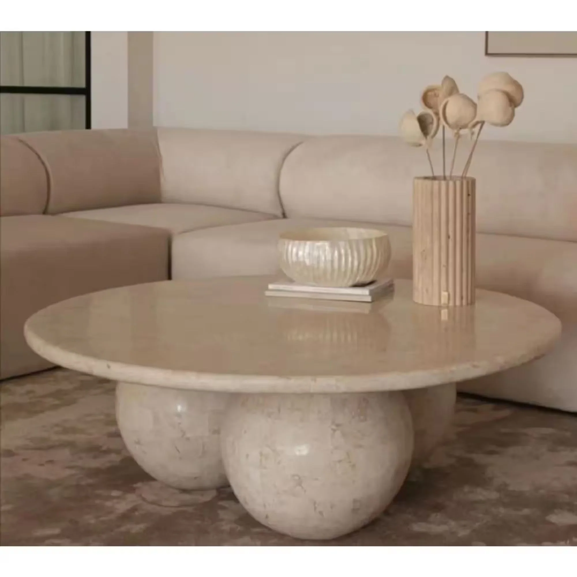 Troia Light Travertine Round Designer Coffee Table with Sphere Legs - Image 3