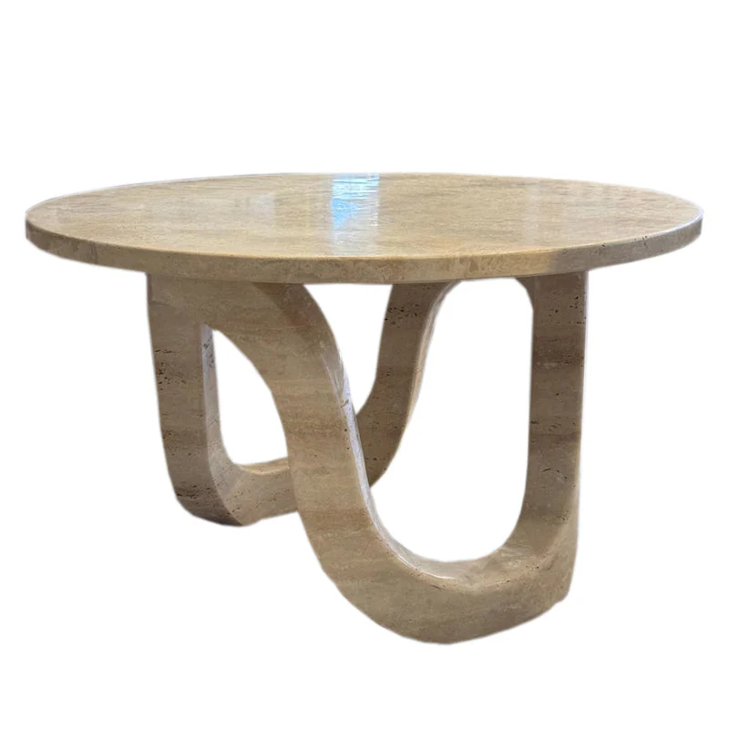 Troia Light Travertine Vein-cut Designer Round Polished Coffee Table (D)24" (H)14" - Image 2