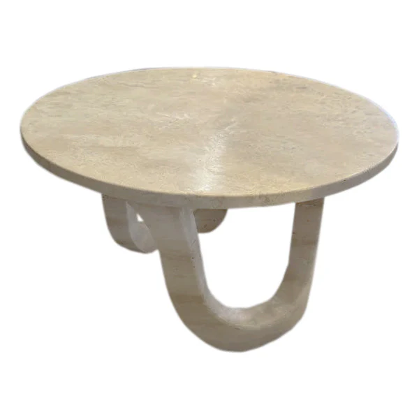 Troia Light Travertine Vein-cut Designer Round Polished Coffee Table (D)24" (H)14" - Image 4