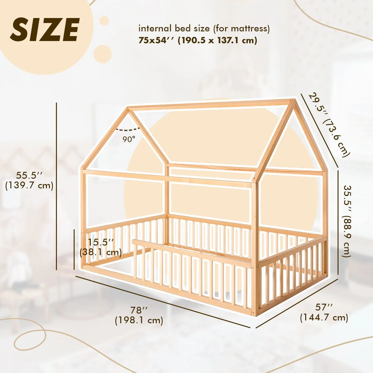 Twin Size Montessori House Bed for Kids with Fence - Image 14