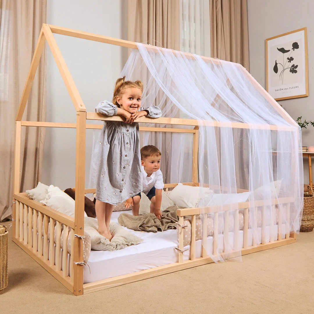 Twin Size Montessori House Bed for Kids with Fence - Image 2