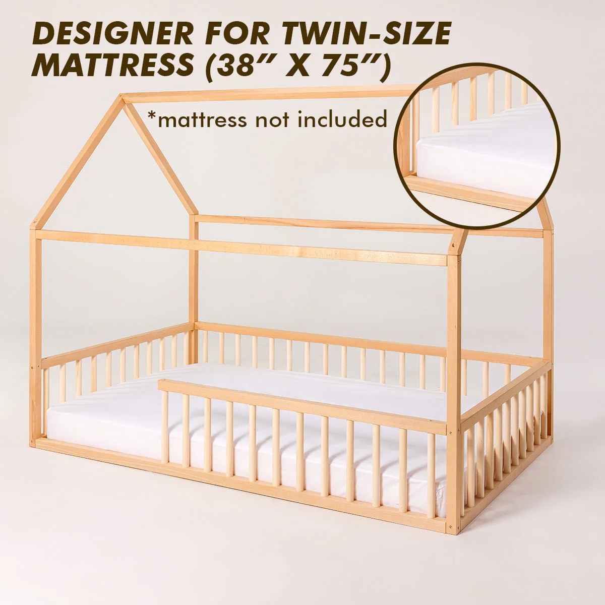 Twin Size Montessori House Bed for Kids with Fence - Image 7