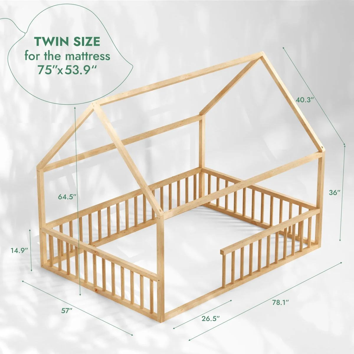 Twin Size Montessori House Bed for Kids with Fence - Image 10