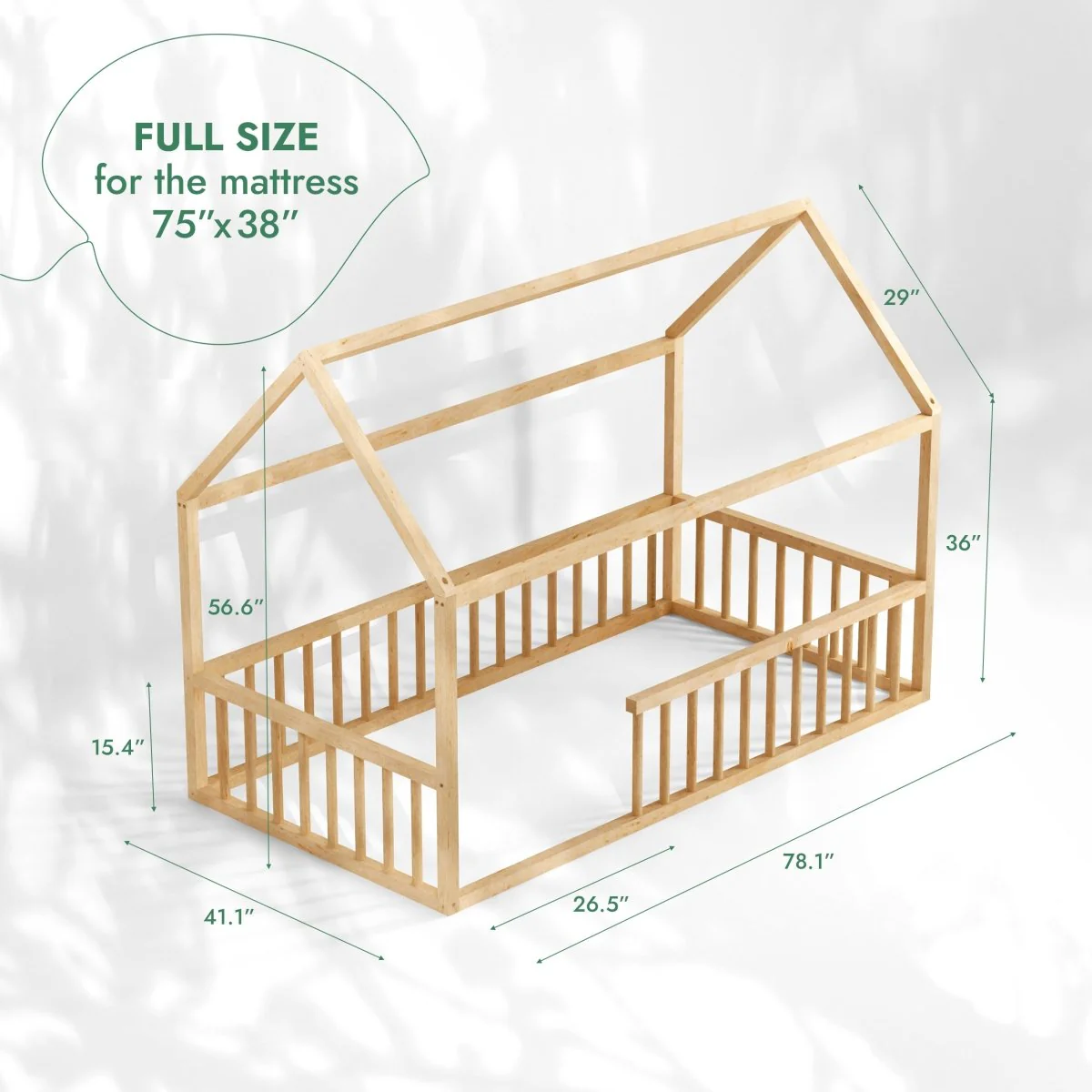 Twin Size Montessori House Bed for Kids with Fence - Image 2