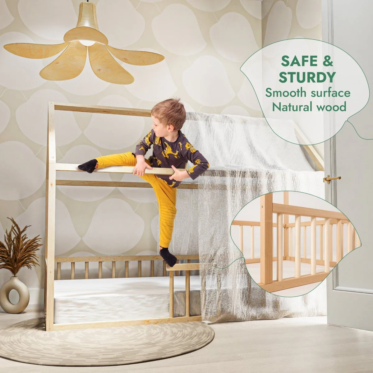 Twin Size Montessori House Bed for Kids with Fence - Image 4