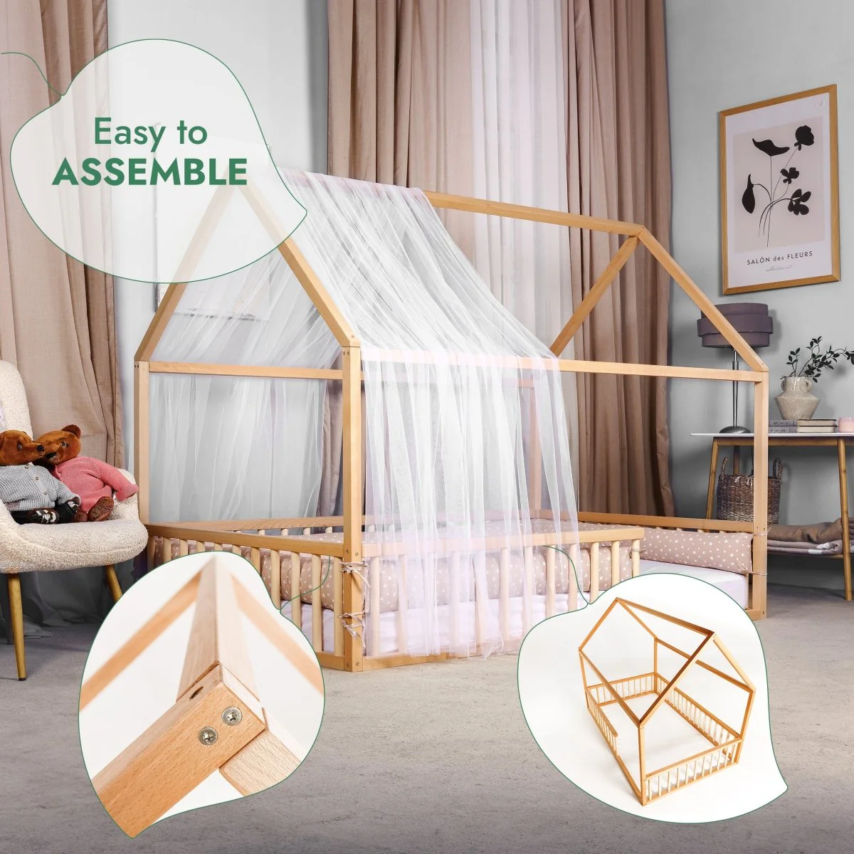 Twin Size Montessori House Bed for Kids with Fence - Image 5