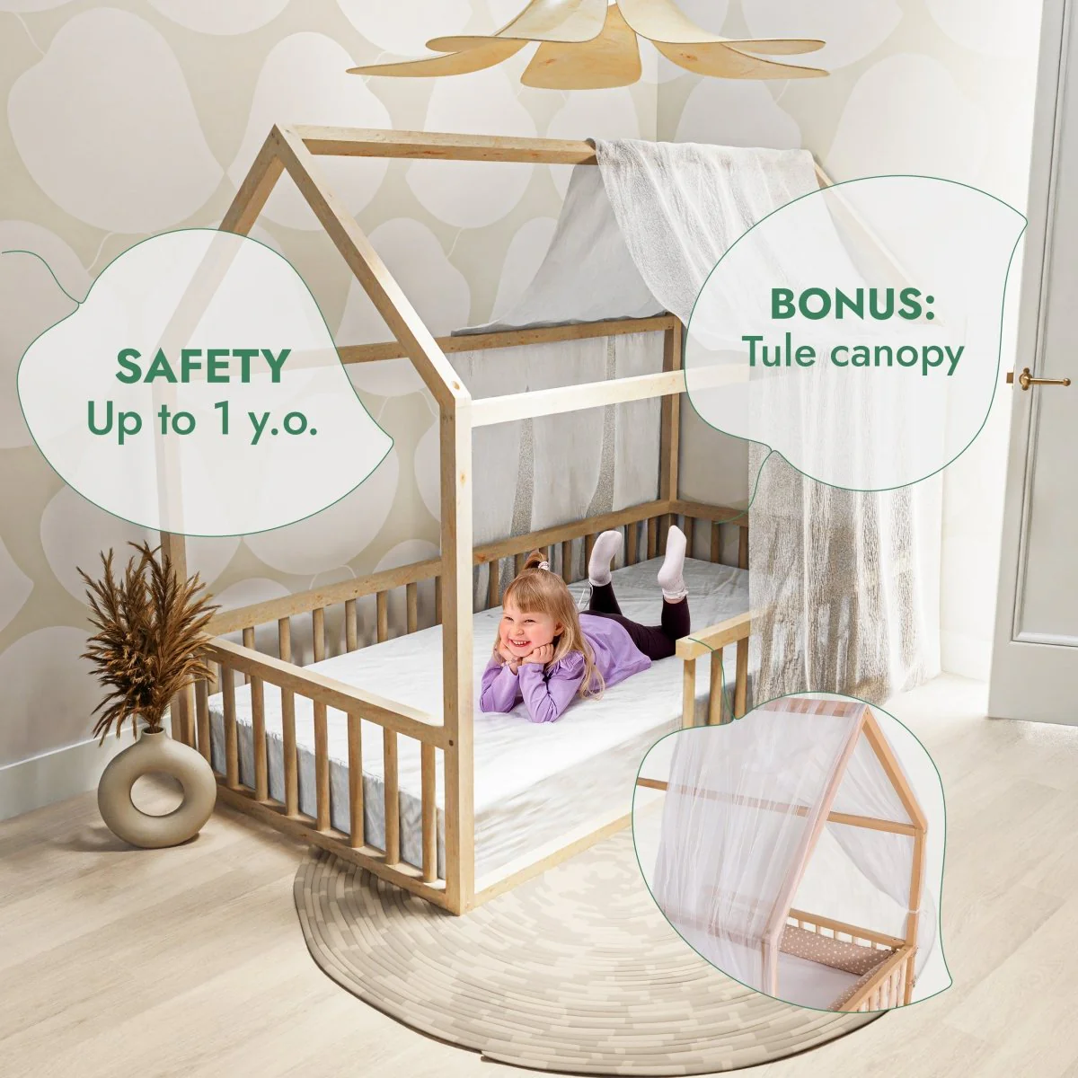 Twin Size Montessori House Bed for Kids with Fence - Image 8