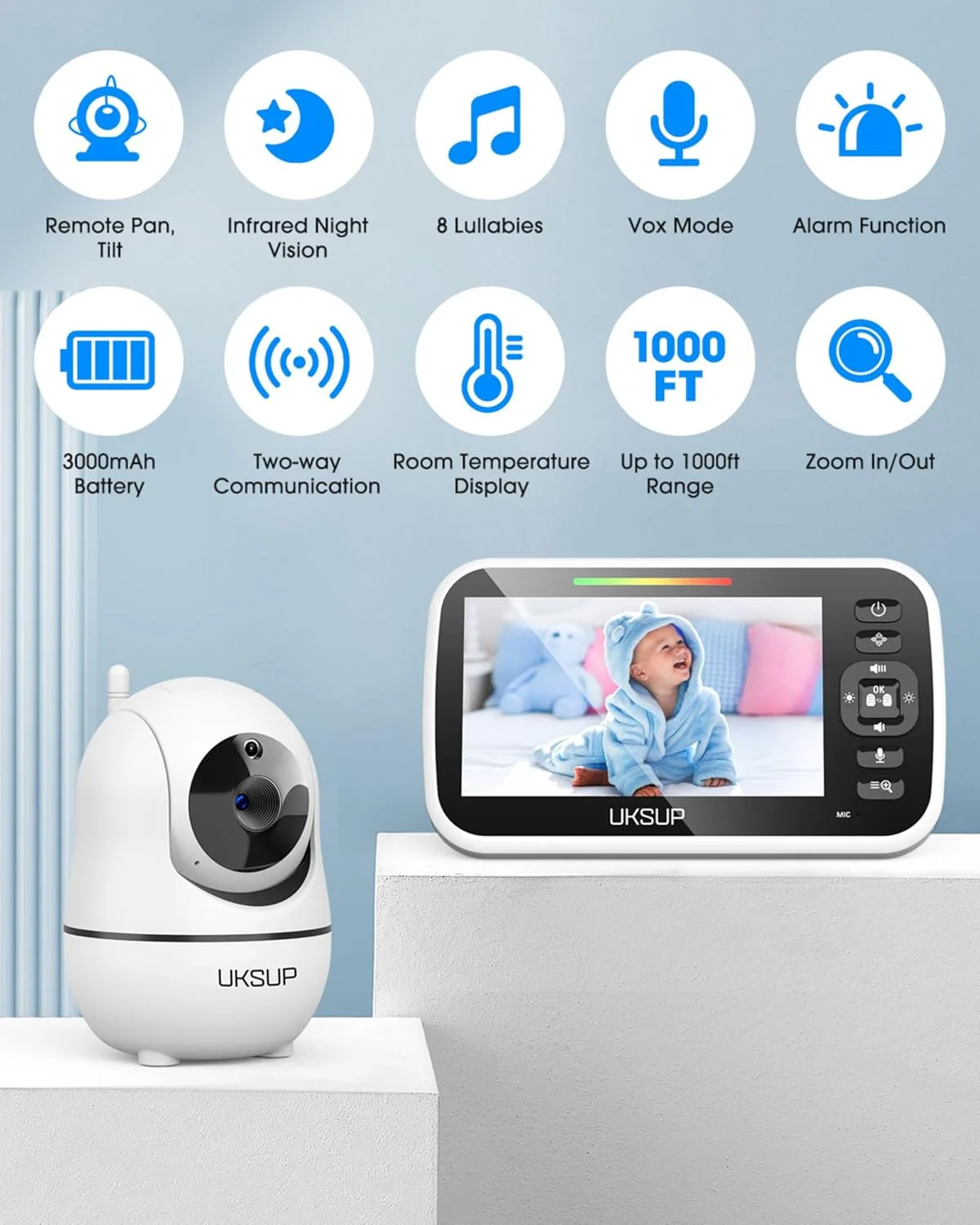 UKSUP Baby Monitor with 4 Cameras and Audio- Video Baby Monitor with 960ft Long Range, Remote Pan-Tilt-Zoom, Night Vision, Temperature Sensor, 2-Way Talk, 8 Lullabies, 30-Hour Battery & No WiFi - Image 2