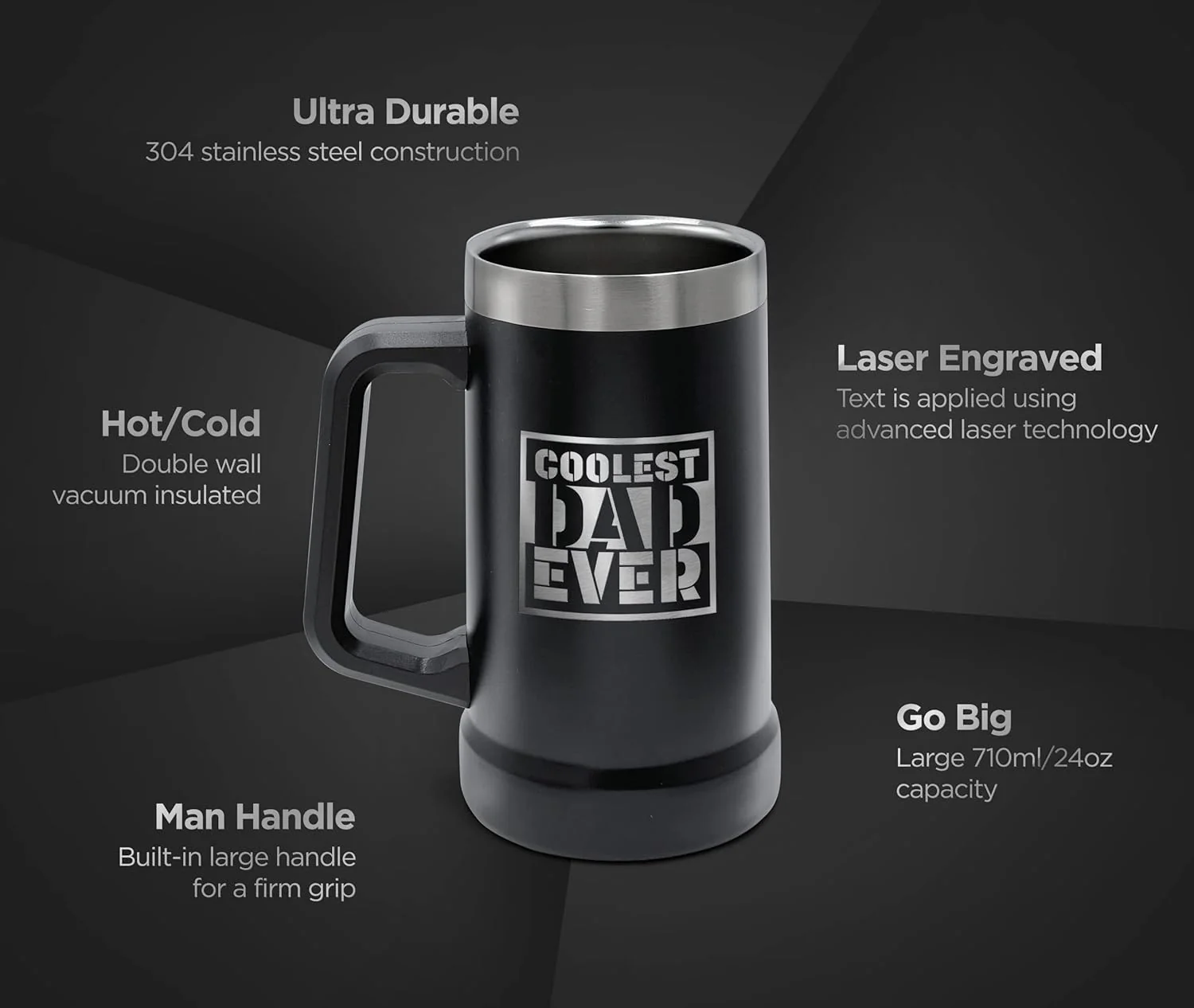 Unique Gift for Dad - XL Stainless Steel Insulated Tumbler Cup with Handle (24oz) Beer Mug for Hot/Cold Drinks, Gift Idea for Christmas Birthday Fathers Day Coolest Dad Ever (Gift-Boxed) - Image 4