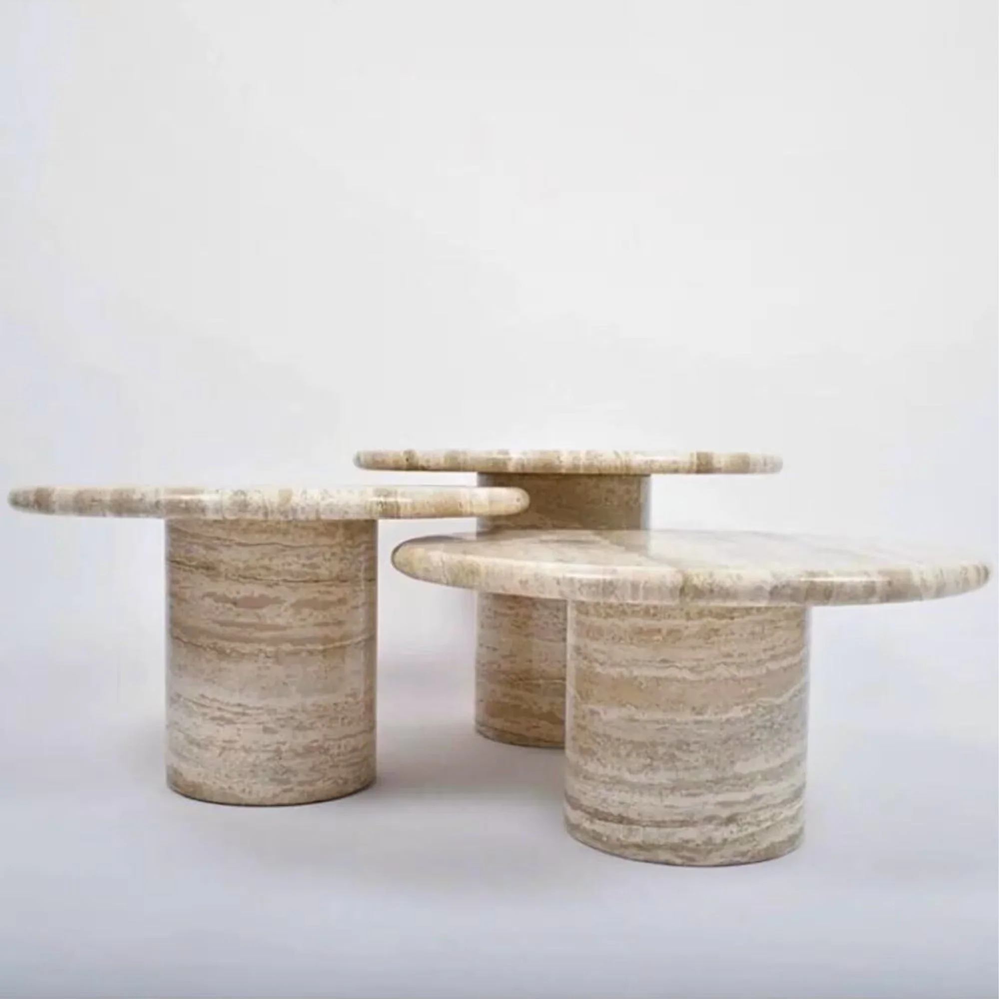 Valencia Travertine Coffee Table Vein-cut Round Set of 3 Polished - Image 2