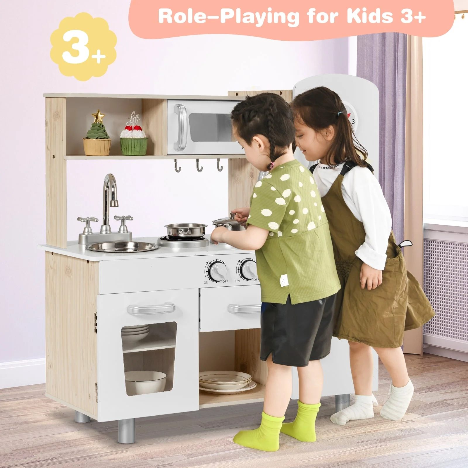 Vintage Play Kitchen Pretend Kids Cooking Playset Toys with Water Dispense - Image 2