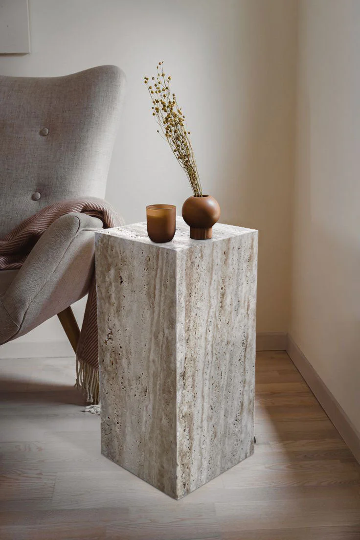 Walnut Travertine Vein-cut Cube Design End/Side Table, Nightstand Polished (W)10" (L)10" (H)24" - Image 7