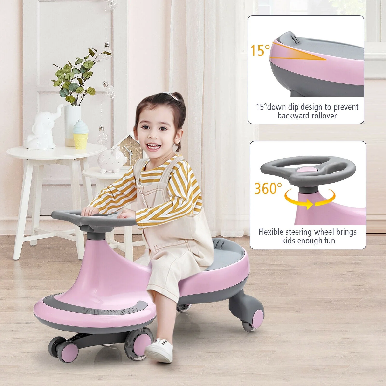 Wiggle Car Ride-on Toy with Flashing Wheels-Pink - Image 8
