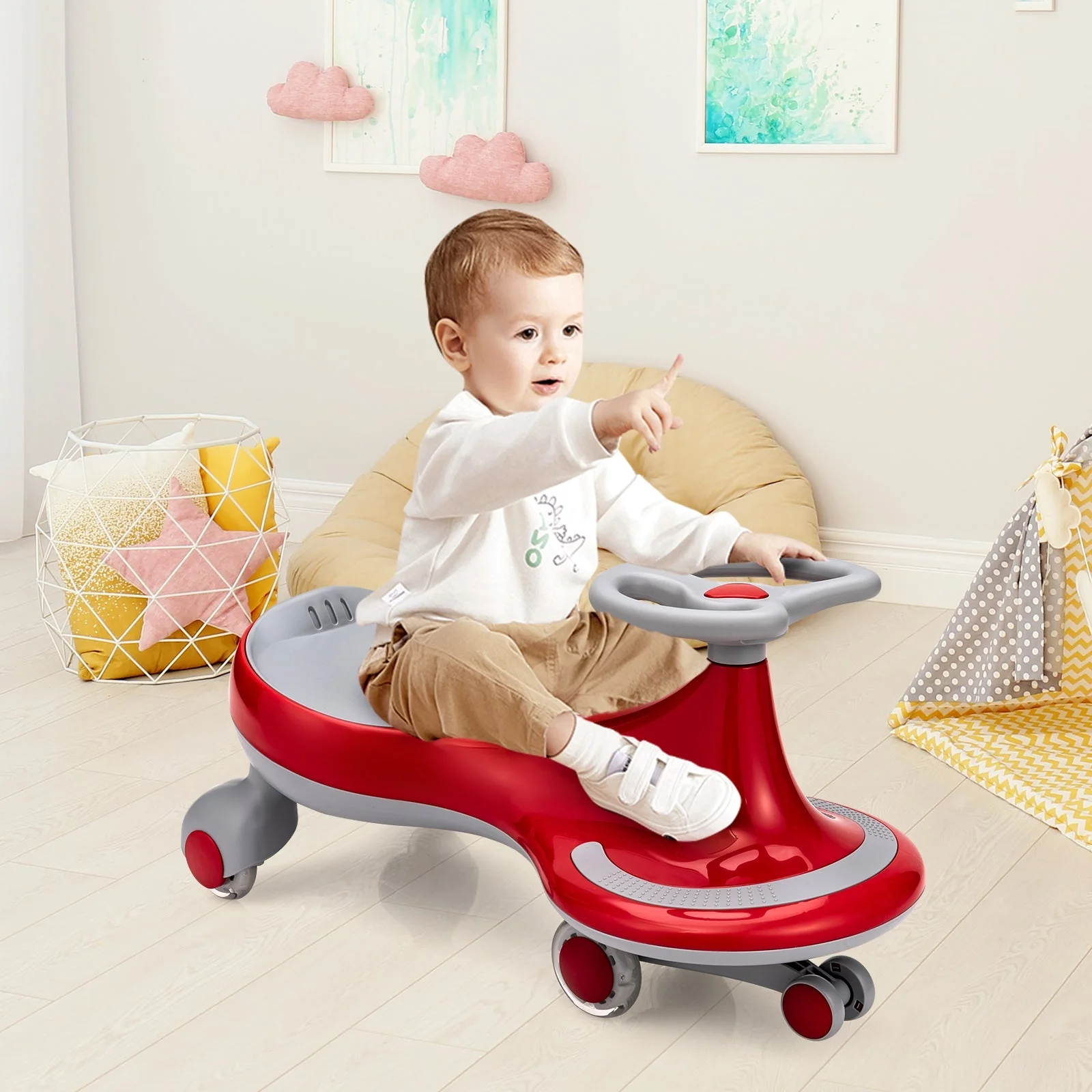 Wiggle Car Ride-on Toy with Flashing Wheels-Red - Image 6