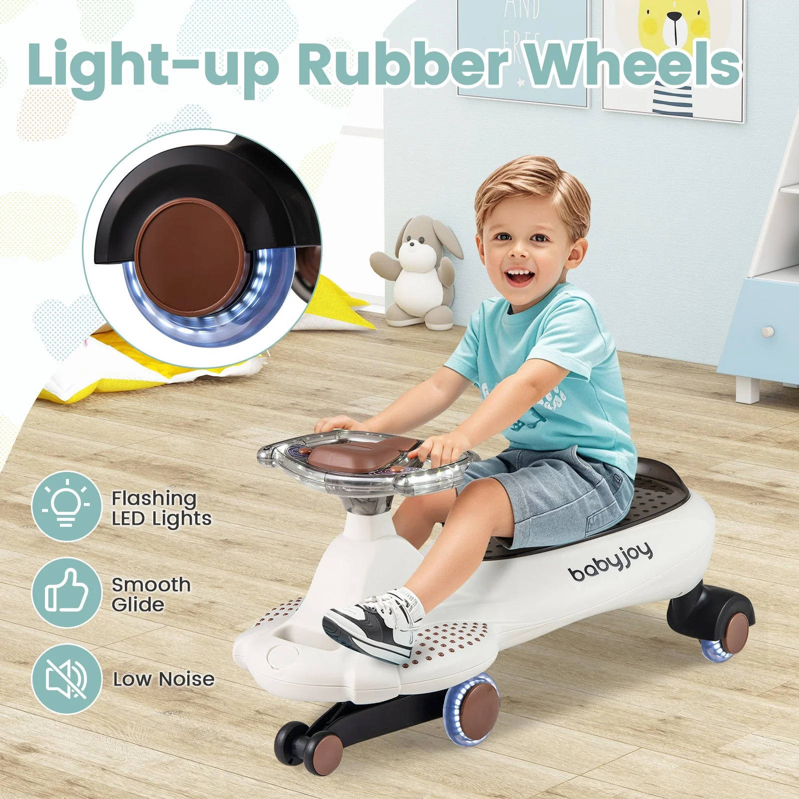 Wiggle Car with Hauling Rope Ride on Toy with Under-Seat Storage-Beige - Image 5