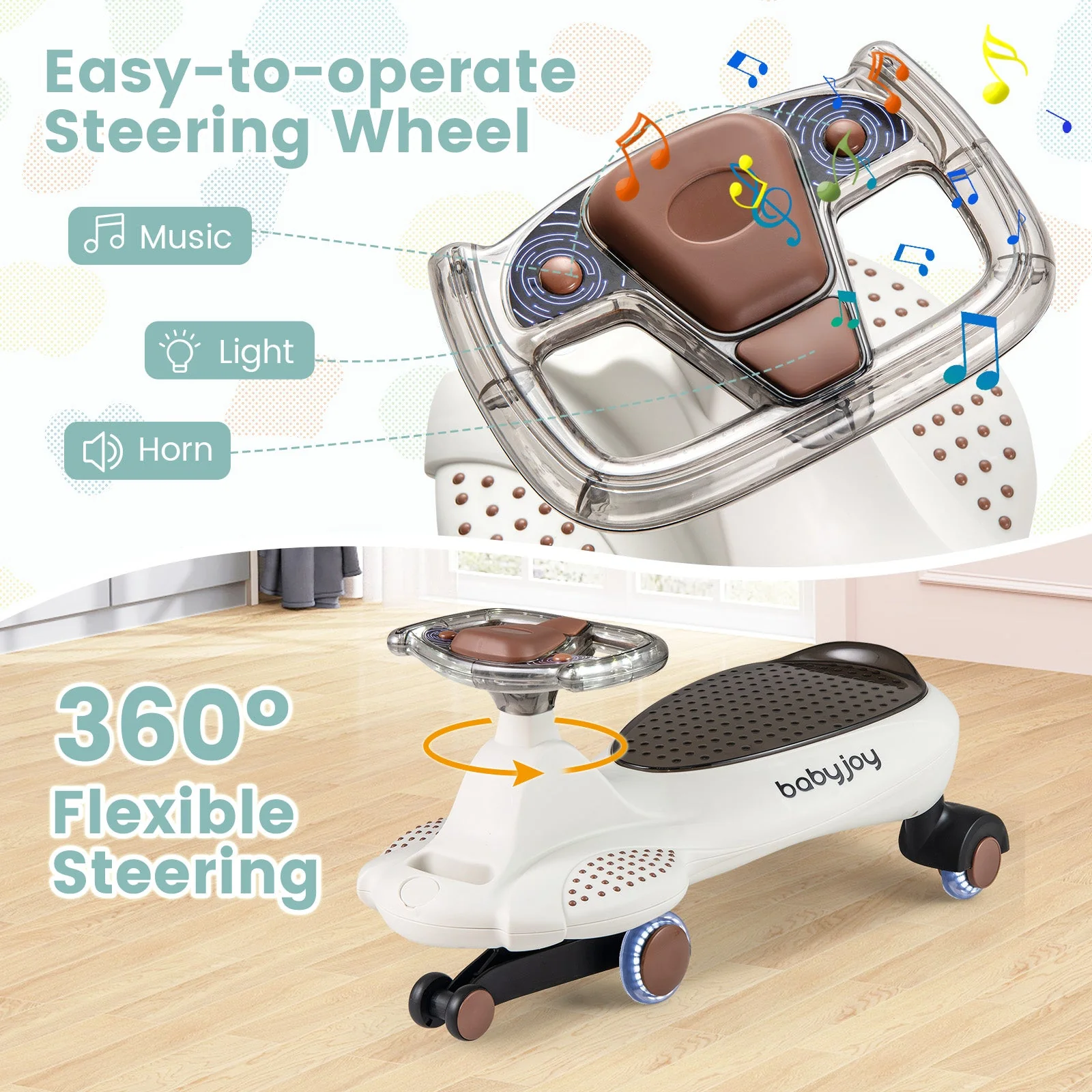 Wiggle Car with Hauling Rope Ride on Toy with Under-Seat Storage-Beige - Image 6