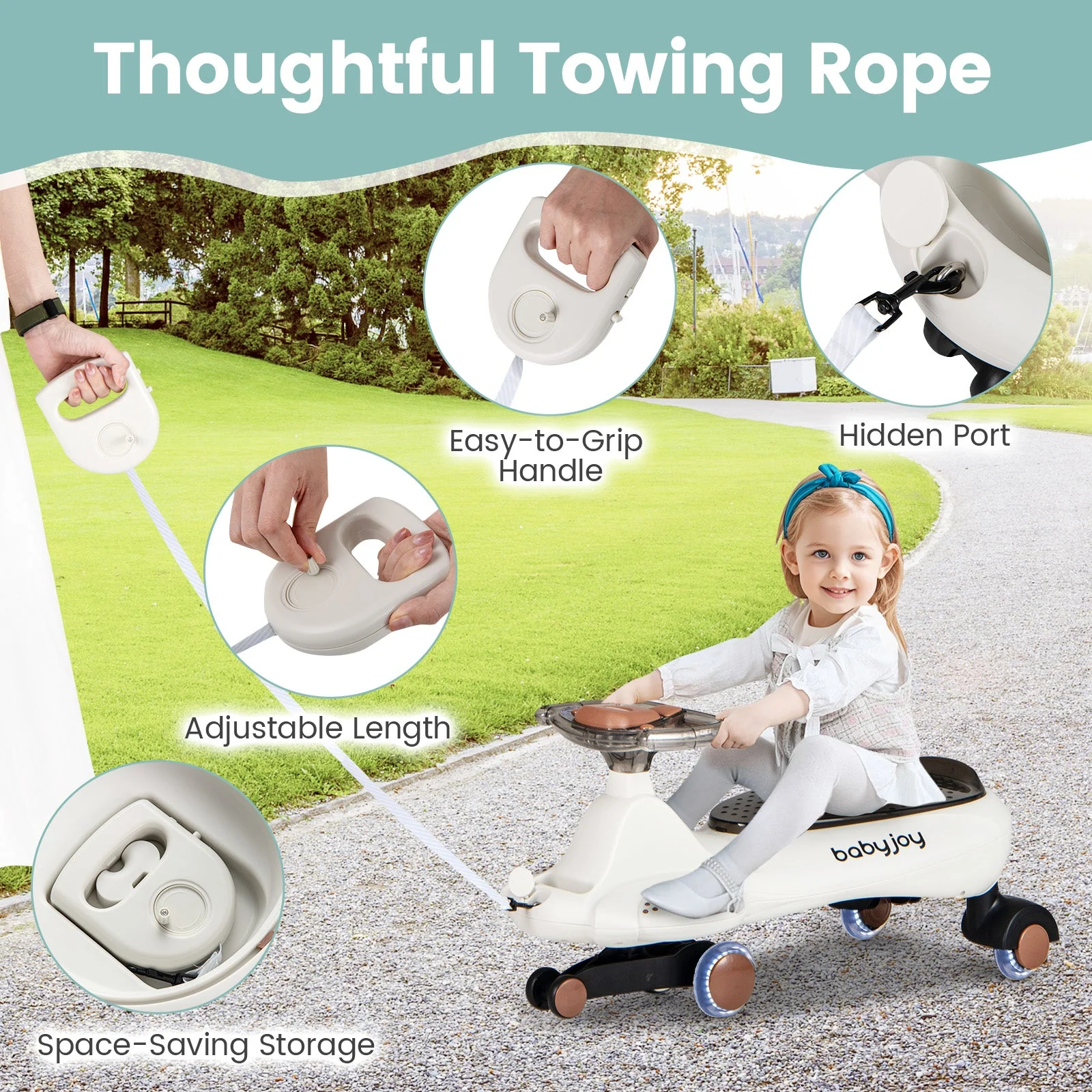 Wiggle Car with Hauling Rope Ride on Toy with Under-Seat Storage-Beige - Image 7