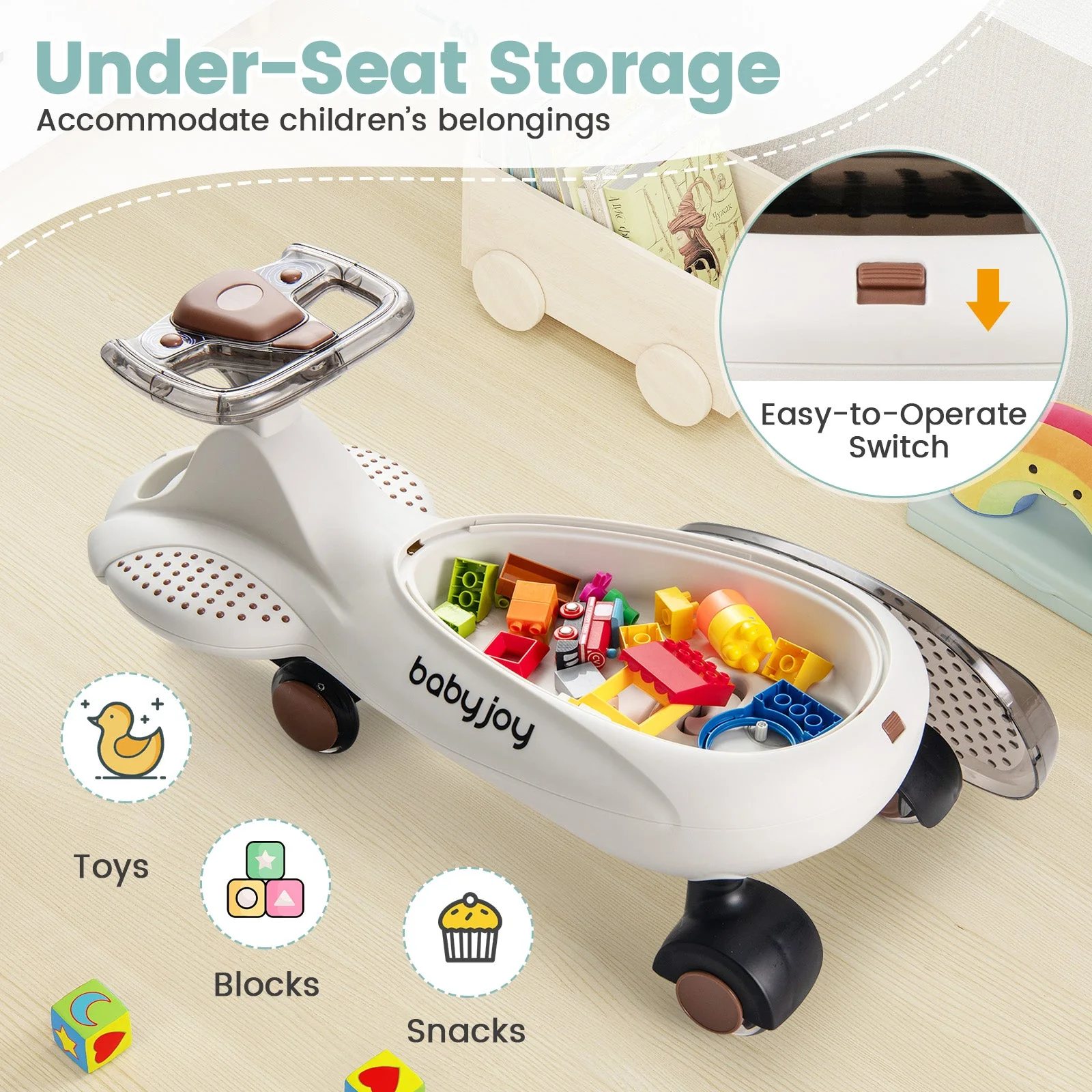 Wiggle Car with Hauling Rope Ride on Toy with Under-Seat Storage-Beige - Image 8